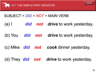 8-7 THE SIMPLE PAST: NEGATIVE



SUBJECT + DID + NOT + MAIN VERB

(a) I       did     not     drive to work yesterday.

(b) You     did    not      drive to work yesterday.

(c) Mike did       not     cook dinner yesterday.

(d) They did      not      drive to work yesterday.

                                                      58
 