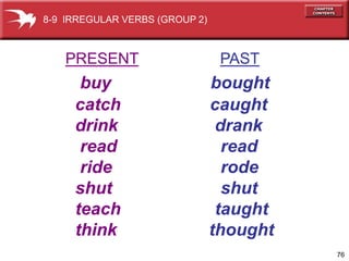 8-9 IRREGULAR VERBS (GROUP 2)



   PRESENT                       PAST
      buy                       bought
     catch                      caught
     drink                       drank
      read                        read
      ride                        rode
     shut                         shut
     teach                       taught
     think                      thought
                                          76
 