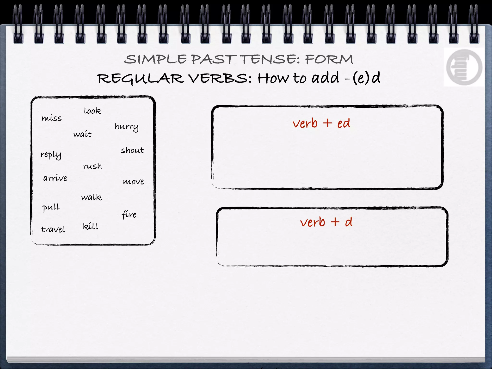 SIMPLE PAST TENSE: FORM
                REGULAR VERBS: How to add -(e)d
           look
miss
                  hurry              verb + ed
         wait

reply              shout
           rush
arrive             move
          walk
pull
                   fire
travel     kill                       verb + d
 