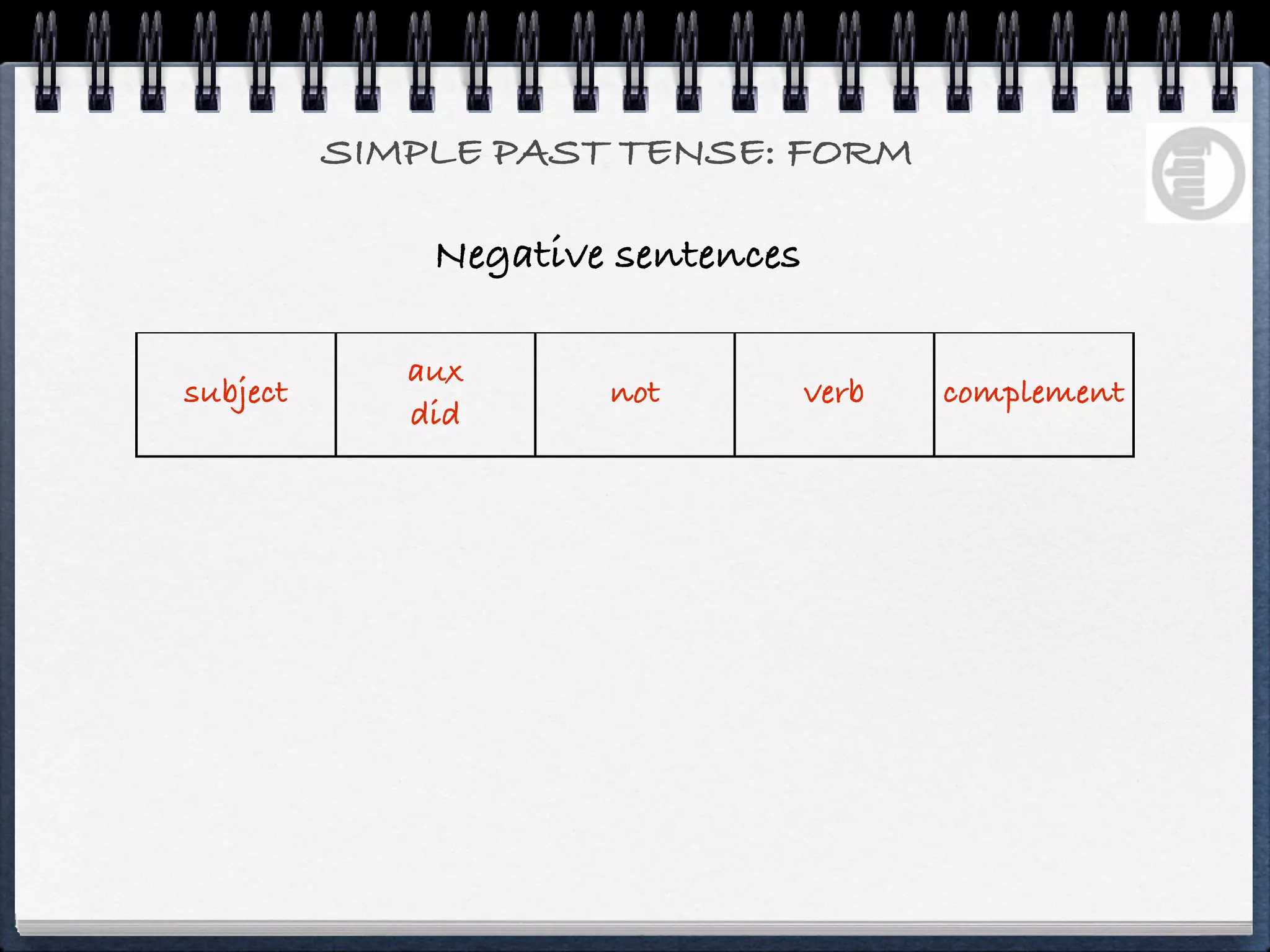 SIMPLE PAST TENSE: FORM

              Negative sentences

             aux
subject               not          verb   complement
             did
 