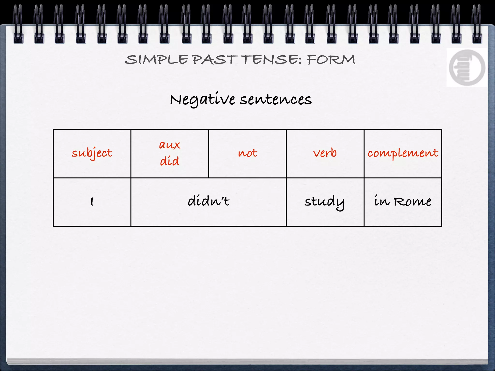 SIMPLE PAST TENSE: FORM

              Negative sentences

             aux
subject                     not    verb   complement
             did

   I               didn’t         study   in Rome
 