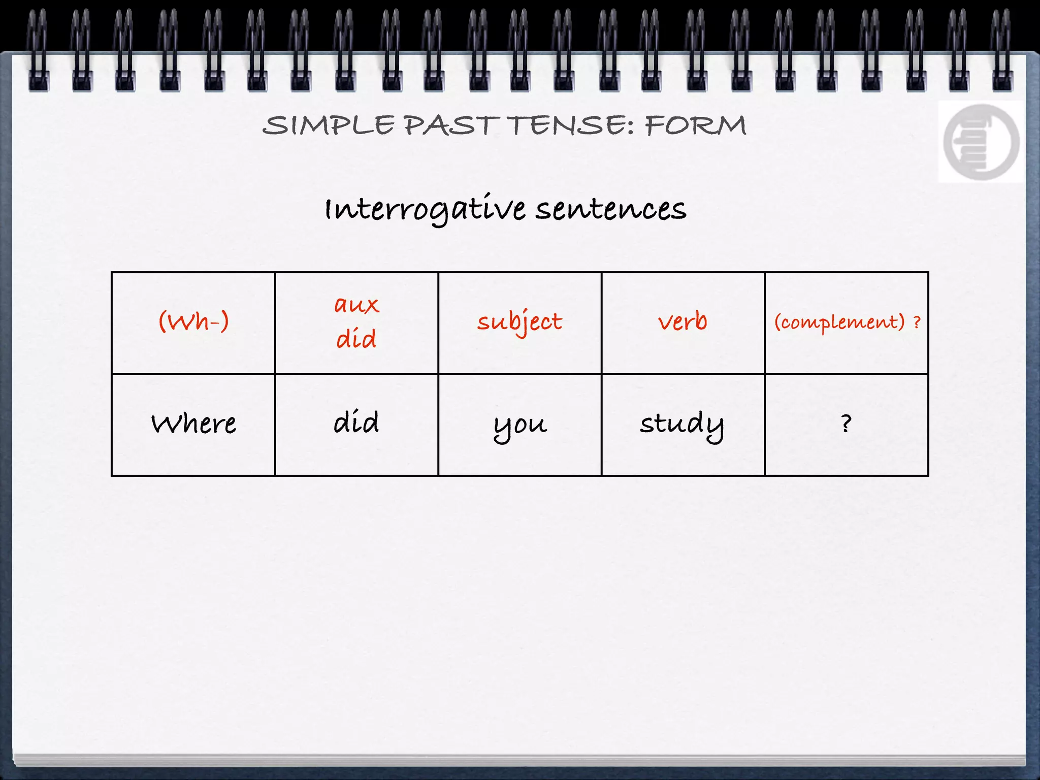 SIMPLE PAST TENSE: FORM

          Interrogative sentences

           aux
(Wh-)              subject     verb   (complement) ?
           did

Where      did      you      study          ?
 