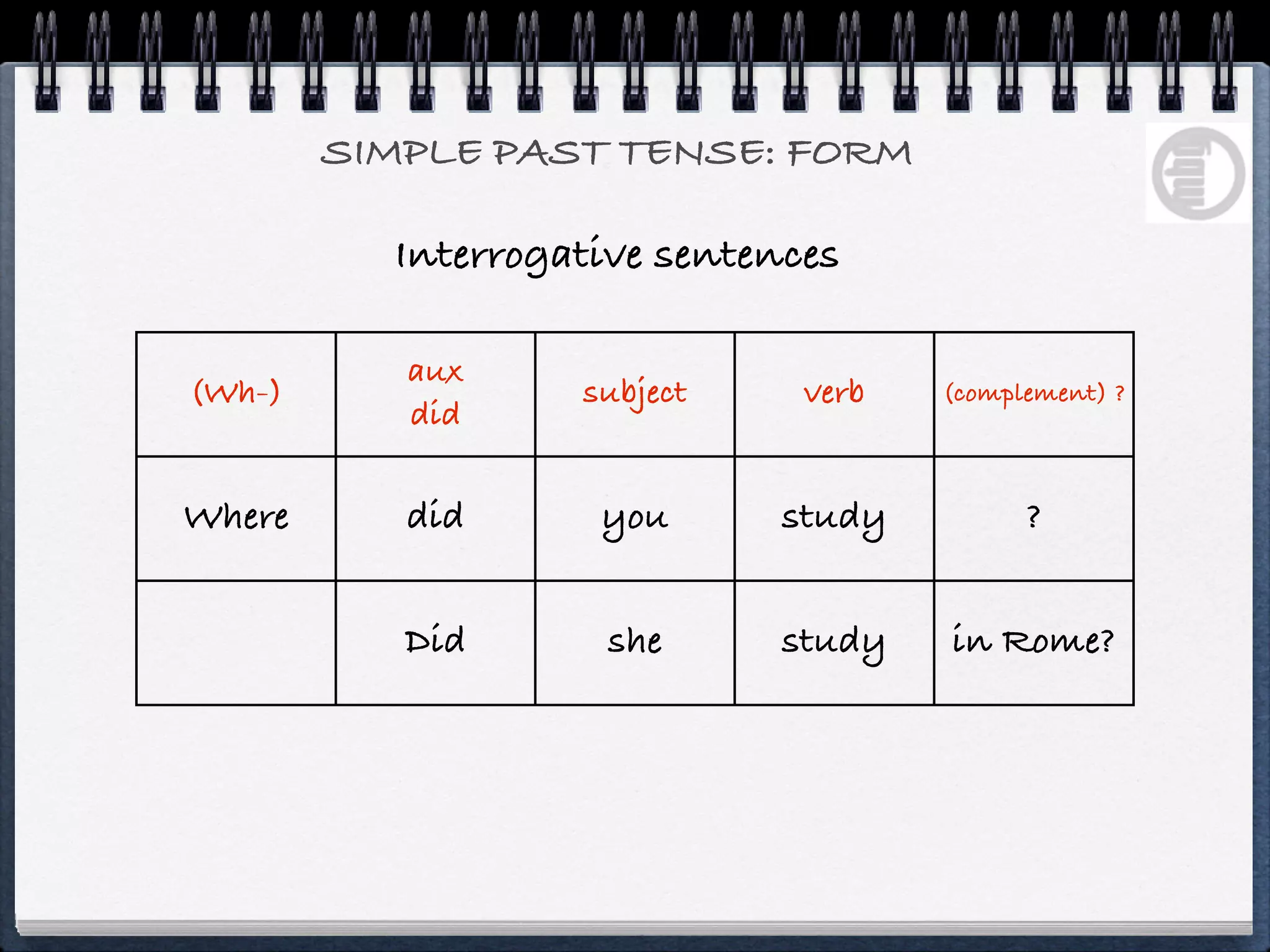 SIMPLE PAST TENSE: FORM

          Interrogative sentences

           aux
(Wh-)              subject     verb   (complement) ?
           did

Where      did      you      study          ?


           Did       she     study    in Rome?
 