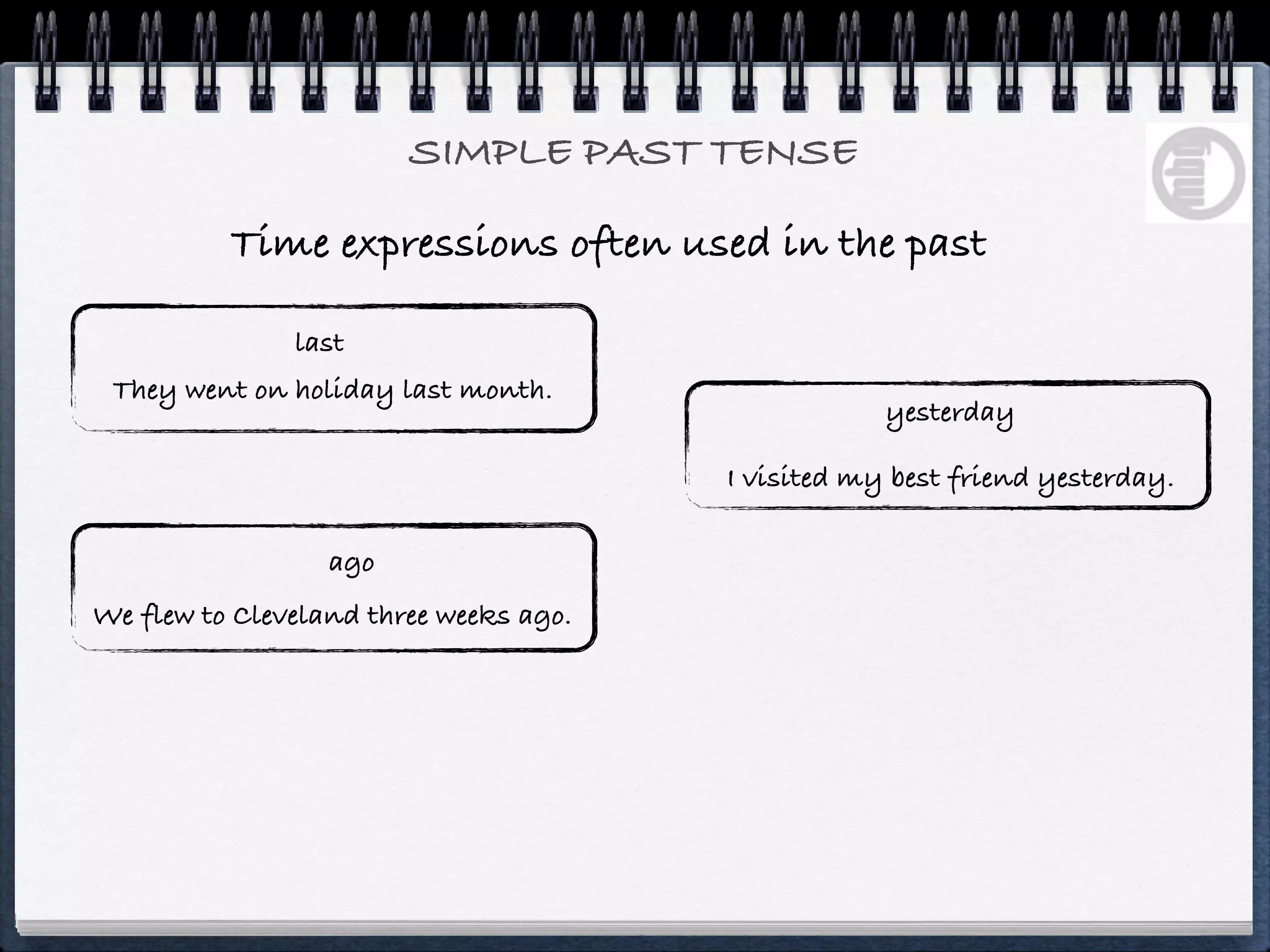SIMPLE PAST TENSE

          Time expressions often used in the past

               last
 They went on holiday last month.
                                                    yesterday

                                        I visited my best friend yesterday.

                  ago
We flew to Cleveland three weeks ago.
 
