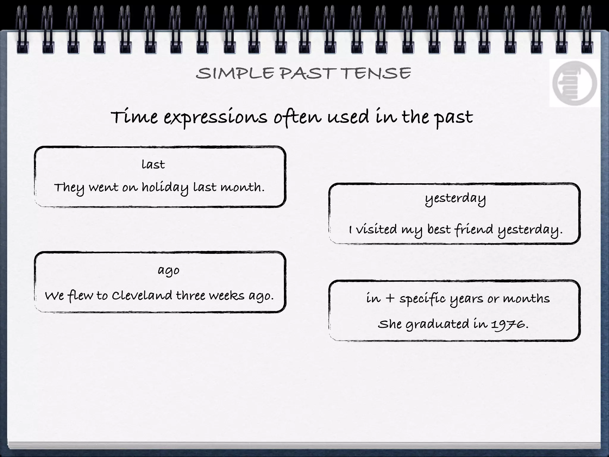 SIMPLE PAST TENSE

          Time expressions often used in the past

               last
 They went on holiday last month.
                                                    yesterday

                                        I visited my best friend yesterday.

                  ago
We flew to Cleveland three weeks ago.     in + specific years or months
                                            She graduated in 1976.
 
