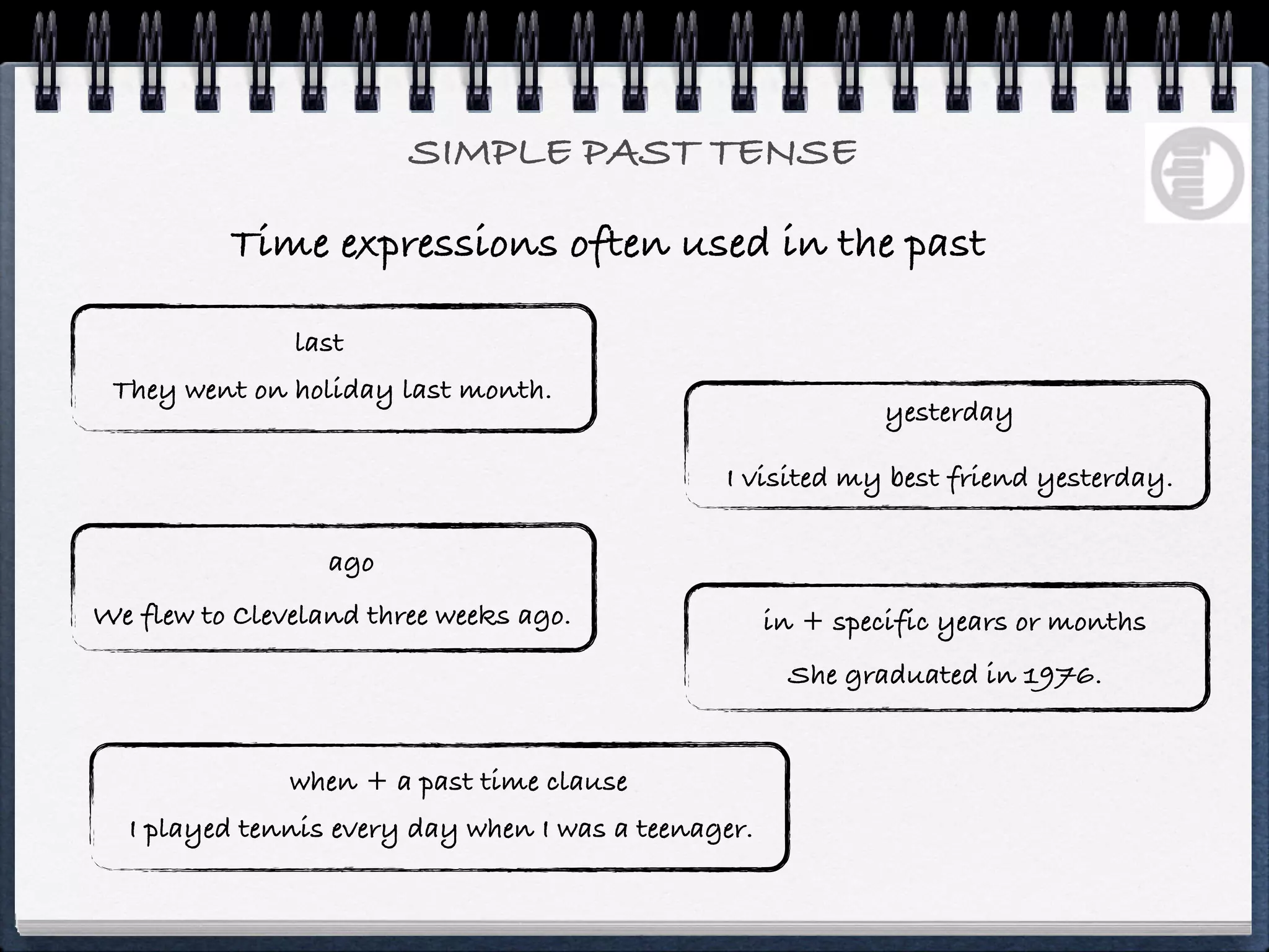 SIMPLE PAST TENSE

          Time expressions often used in the past

               last
 They went on holiday last month.
                                                              yesterday

                                               I visited my best friend yesterday.

                  ago
We flew to Cleveland three weeks ago.                in + specific years or months
                                                      She graduated in 1976.


               when + a past time clause
  I played tennis every day when I was a teenager.
 