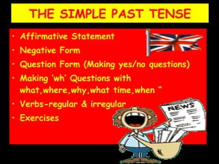 THE SIMPLE PAST TENSE Affirmative Statement Negative Form Question Form (Making yes/no questions) Making ‘wh’ Questions with what,where,why,what time,when “ Verbs-regular & irregular Exercises 