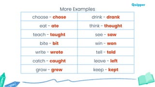 choose - chose drink - drank
eat - ate think - thought
teach - taught see - saw
bite - bit win - won
write - wrote tell - told
catch - caught leave - left
grow - grew keep - kept
More Examples
 