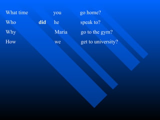 What time  you  go home? Who  did  he  speak to? Why  Maria  go to the gym? How  we  get to university? 