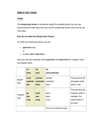 SIMPLE PAST TENSE<br />I sang<br />The simple past tense is sometimes called the preterite tense. We can use several tenses to talk about the past, but the simple past tense is the one we use most often.<br />How do we make the Simple Past Tense?<br />To make the simple past tense, we use:<br />past form onlyor<br />auxiliary did + base form<br />Here you can see examples of the past form and base form for irregular verbs and regular verbs:<br /> V1baseV2pastV3past participle regular verbworkexplodelikeworkedexplodedlikedworkedexplodedlikedThe past form for all regular verbs ends in -ed.irregular verbgoseesingwentsawsanggoneseensungThe past form for irregular verbs is variable. You need to learn it by heart.You do not need the past participle form to make the simple past tense. It is shown here for completeness only. <br />The structure for positive sentences in the simple past tense is:<br />subject+main verb  past<br />The structure for negative sentences in the simple past tense is:<br />subject+auxiliary verb+not+main verb  didbase<br />The structure for question sentences in the simple past tense is:<br />auxiliary verb+subject+main verbdid   base<br />The auxiliary verb did is not conjugated. It is the same for all persons (I did, you did, he did etc). And the base form and past form do not change. Look at these examples with the main verbs go and work:<br /> subjectauxiliary verb main verb +I  wentto school.You  workedvery hard.-Shedidnotgowith me.Wedidnotworkyesterday.?Didyou goto London?Didthey workat home?<br />Exception! The verb to be is different. We conjugate the verb to be (I was, you were, he/she/it was, we were, they were); and we do not use an auxiliary for negative and question sentences. To make a question, we exchange the subject and verb. Look at these examples:<br /> subjectmain verb  +I, he/she/itwas here.You, we, theywere in London.-I, he/she/itwasnotthere.You, we, theywerenothappy.?WasI, he/she/it right?Wereyou, we, they late?<br />How do we use the Simple Past Tense?<br />We use the simple past tense to talk about an action or a situation - an event - in the past. The event can be short or long.<br />Here are some short events with the simple past tense:<br />The car exploded at 9.30am yesterday.She went to the door.We did not hear the telephone.Did you see that car?pastpresentfuture The action is in the past.  <br />Here are some long events with the simple past tense:<br />I lived in Bangkok for 10 years.The Jurassic period lasted about 62 million years.We did not sing at the concert.Did you watch TV last night?pastpresentfuture The action is in the past.  <br />Notice that it does not matter how long ago the event is: it can be a few minutes or seconds in the past, or millions of years in the past. Also it does not matter how long the event is. It can be a few milliseconds (car explosion) or millions of years (Jurassic period). We use the simple past tense when:<br />the event is in the past<br />the event is completely finished<br />we say (or understand) the time and/or place of the event<br />In general, if we say the time or place of the event, we must use the simple past tense; we cannot use the present perfect.<br />Here are some more examples:<br />I lived in that house when I was young.<br />He didn't like the movie.<br />What did you eat for dinner?<br />John drove to London on Monday.<br />Mary did not go to work yesterday.<br />Did you play tennis last week?<br />I was at work yesterday.<br />We were not late (for the train).<br />Were you angry?<br />Note that when we tell a story, we usually use the simple past tense. We may use the past continuous tense to quot;
set the scenequot;
, but we almost always use the simple past tense for the action. Look at this example of the beginning of a story:<br />quot;
The wind was howling around the hotel and the rain was pouring down. It was cold. The door opened and James Bond entered. He took off his coat, which was very wet, and ordered a drink at the bar. He sat down in the corner of the lounge and quietly drank his...quot;
<br />This page shows the use of the simple past tense to talk about past events. But note that there are some other uses for the simple past tense, for example in conditional or if sentences.<br />