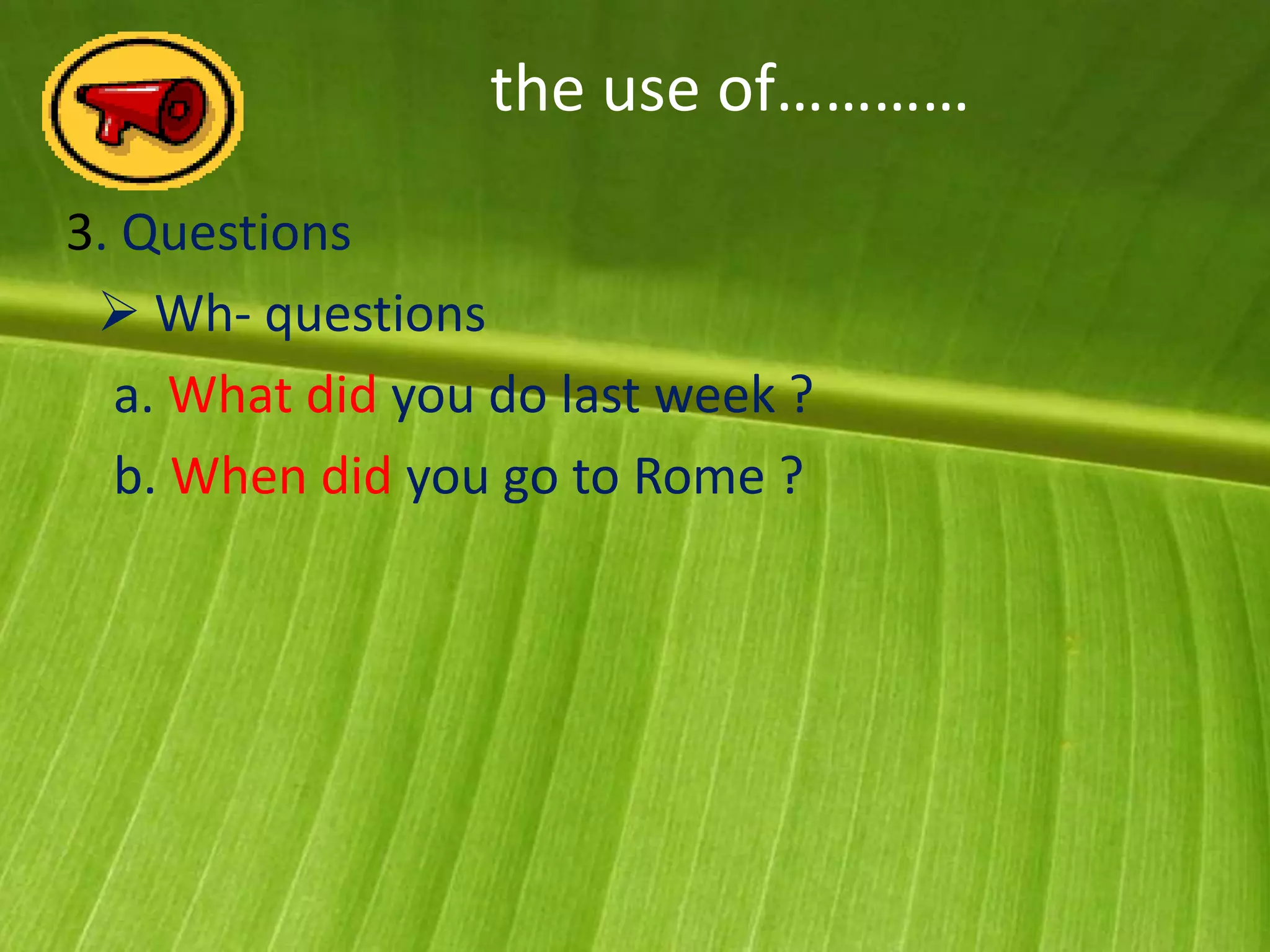 the use of…………
3. Questions
  Wh- questions
  a. What did you do last week ?
  b. When did you go to Rome ?
 