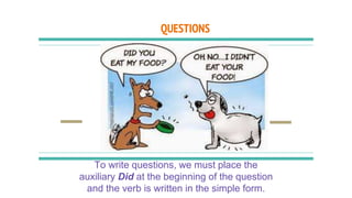 QUESTIONS
To write questions, we must place the
auxiliary Did at the beginning of the question
and the verb is written in the simple form.
 