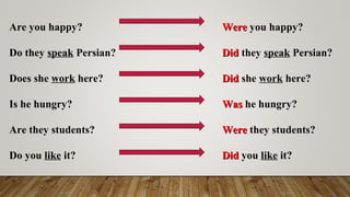 Are you happy?
Do they speak Persian?
Does she work here?
Is he hungry?
Are they students?
Do you like it?
WereWere you happy?
DidDid they speak Persian?
DidDid she work here?
WasWas he hungry?
WereWere they students?
DidDid you like it?
 