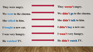 They were angry.
We went to the cinema.
She talked to him.
I bought a new car.
I was very hungry.
He watched TV.
They weren’tweren’t angry.
We didn’tdidn’t gogo to the cinema.
She didn’tdidn’t talktalk to him.
I didn’tdidn’t buybuy a new car.
I wasn’twasn’t very hungry.
He didn’tdidn’t watchwatch TV.
 