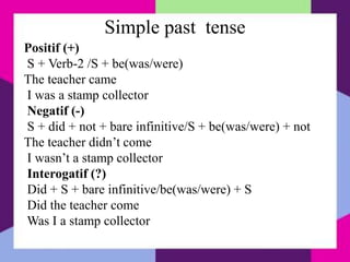 Simple past tense
Positif (+)
S + Verb-2 /S + be(was/were)
The teacher came
I was a stamp collector
Negatif (-)
S + did + not + bare infinitive/S + be(was/were) + not
The teacher didn’t come
I wasn’t a stamp collector
Interogatif (?)
Did + S + bare infinitive/be(was/were) + S
Did the teacher come
Was I a stamp collector
 