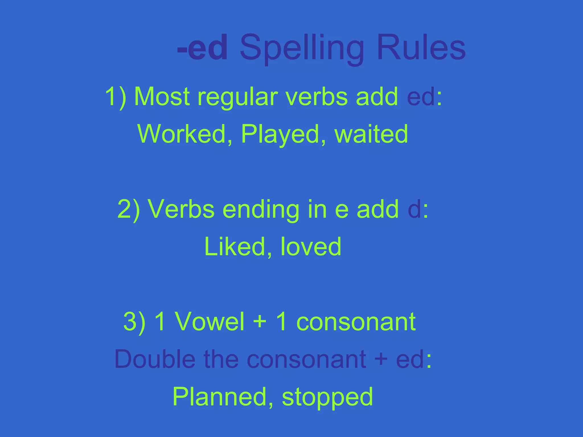 -ed Spelling Rules
1) Most regular verbs add ed:
Worked, Played, waited
2) Verbs ending in e add d:
Liked, loved
3) 1 Vowel + 1 consonant
Double the consonant + ed:
Planned, stopped
 