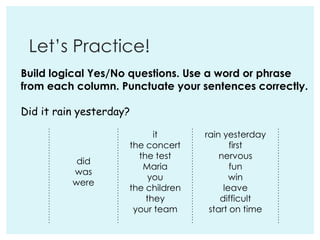 Let’s Practice!
did
was
were
it
the concert
the test
Maria
you
the children
they
your team
rain yesterday
first
nervous
fun
win
leave
difficult
start on time
Build logical Yes/No questions. Use a word or phrase
from each column. Punctuate your sentences correctly.
Did it rain yesterday?
 