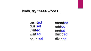 mend
add
end
decide
divide
ed
ed
ed
ed
ed
Now, try these words...
paint
dust
visit
wait
count
ed
ed
ed
d
d
mend
add
end
decide
divide
 