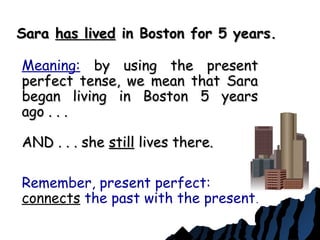 SaraSara has livedhas lived in Boston for 5 years.in Boston for 5 years.
Meaning: by using the presentby using the present
perfect tense, we mean that Saraperfect tense, we mean that Sara
began living in Boston 5 yearsbegan living in Boston 5 years
ago . . .ago . . .
AND . . . sheAND . . . she stillstill lives there.lives there.
Remember, present perfect:
connects the past with the present.
 