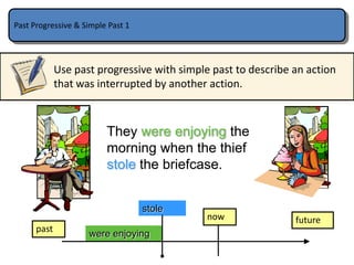 Past Progressive & Simple Past 1

Use past progressive with simple past to describe an action
that was interrupted by another action.

They were enjoying the
morning when the thief
stole the briefcase.
stole
past

were enjoying

now

future

 
