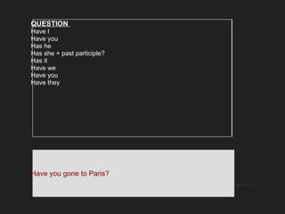 QUESTION  Have I  Have you  Has he  Has she + past participle? Has it  Have we  Have you  Have they  Have you gone to Paris?   