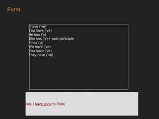 I have (‘ve)  You have (‘ve)  He has (‘s)  She has (‘s) + past participle  It has (‘s)  We have (‘ve)  You have (‘ve)  They have (‘ve)  Form : Yes, I  have gone  to Paris 