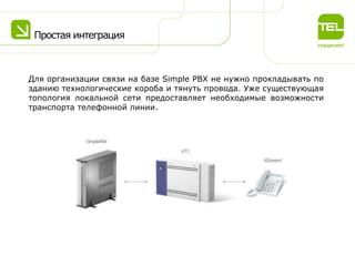 Простая интеграция

Для организации связи на базе Simple PBX не нужно прокладывать по
зданию технологические короба и тянуть провода. Уже существующая
топология локальной сети предоставляет необходимые возможности
транспорта телефонной линии.

 