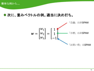 簡単な例から…




          「会議」は非SPAM



          「目標」は非SPAM



          「お買い得」はSPAM




                       13
 