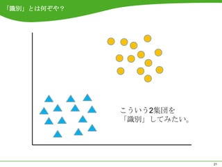 「識別」とは何ぞや？




             こういう2集団を
             「識別」してみたい。




                          21
 
