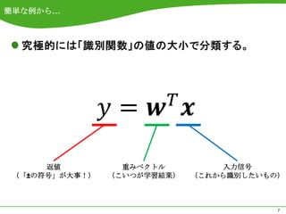 簡単な例から…








      返値          重みベクトル         入力信号
 （「±の符号」が大事！）   （こいつが学習結果）   （これから識別したいもの）



                                         7
 