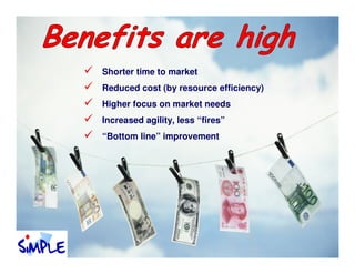 Shorter time to market
Reduced cost (by resource efficiency)
Higher focus on market needs
Increased agility, less “fires”
“Bottom line” improvement
 