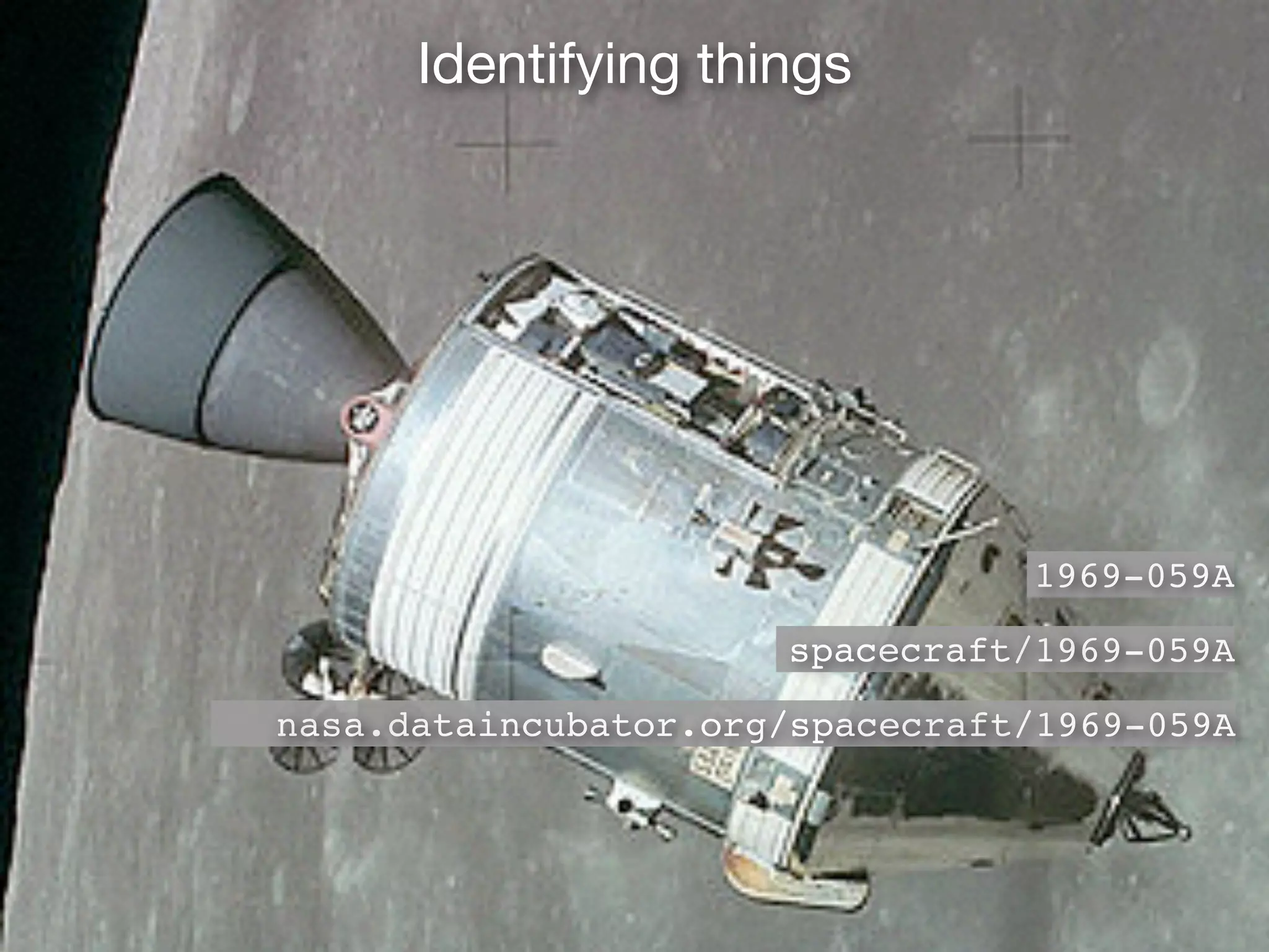 Identifying things
spacecraft/1969-059A
nasa.dataincubator.org/spacecraft/1969-059A
1969-059A
 