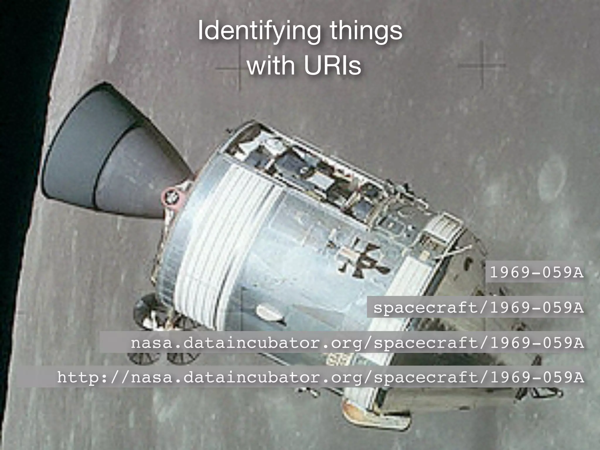Identifying things
spacecraft/1969-059A
nasa.dataincubator.org/spacecraft/1969-059A
http://nasa.dataincubator.org/spacecraft/1969-059A
1969-059A
with URIs
 