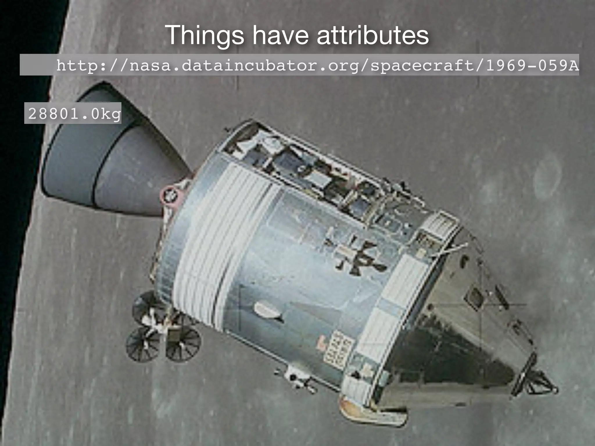 Things have attributes
http://nasa.dataincubator.org/spacecraft/1969-059A
28801.0kg
 