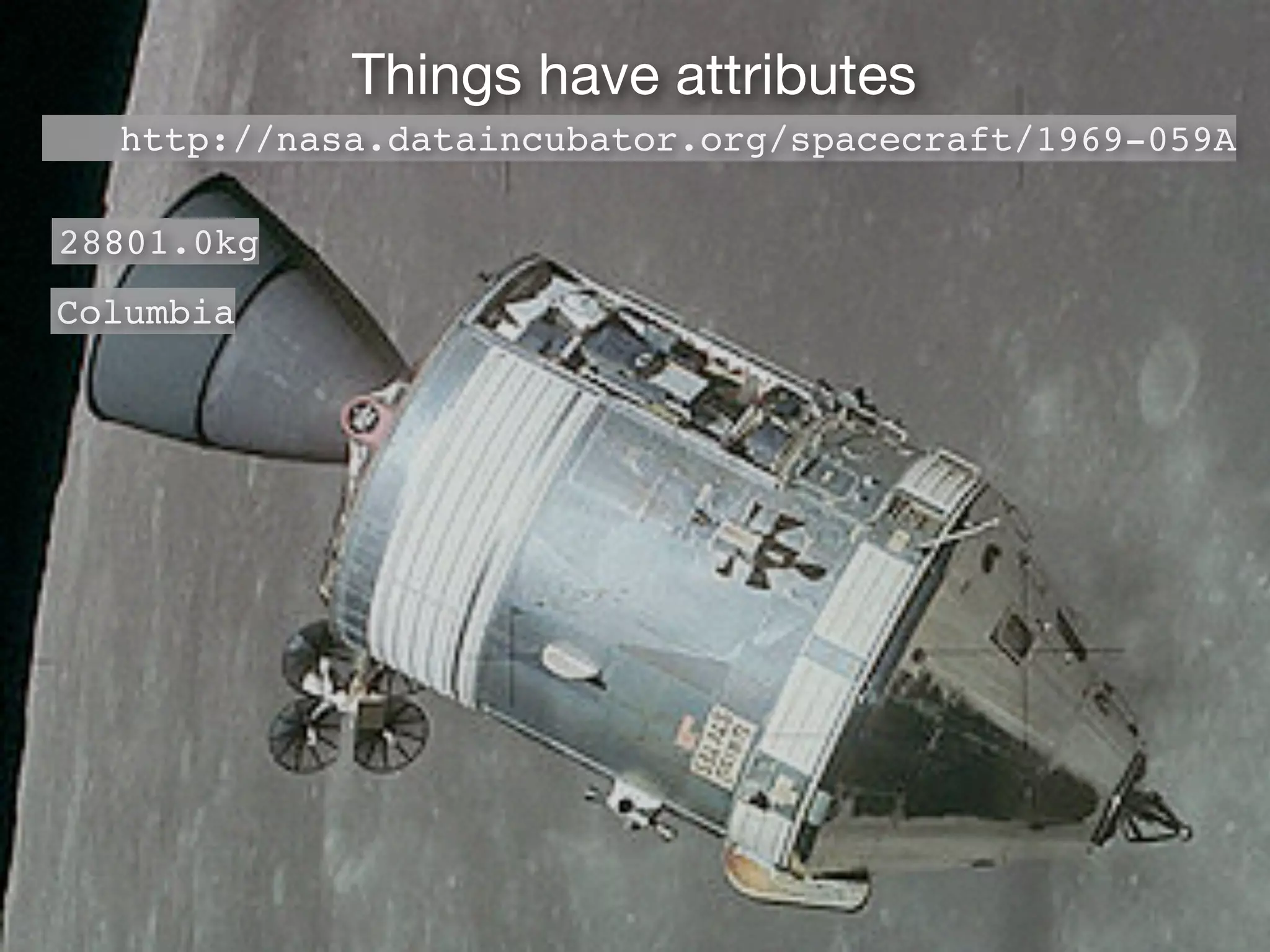 Things have attributes
http://nasa.dataincubator.org/spacecraft/1969-059A
28801.0kg
Columbia
 
