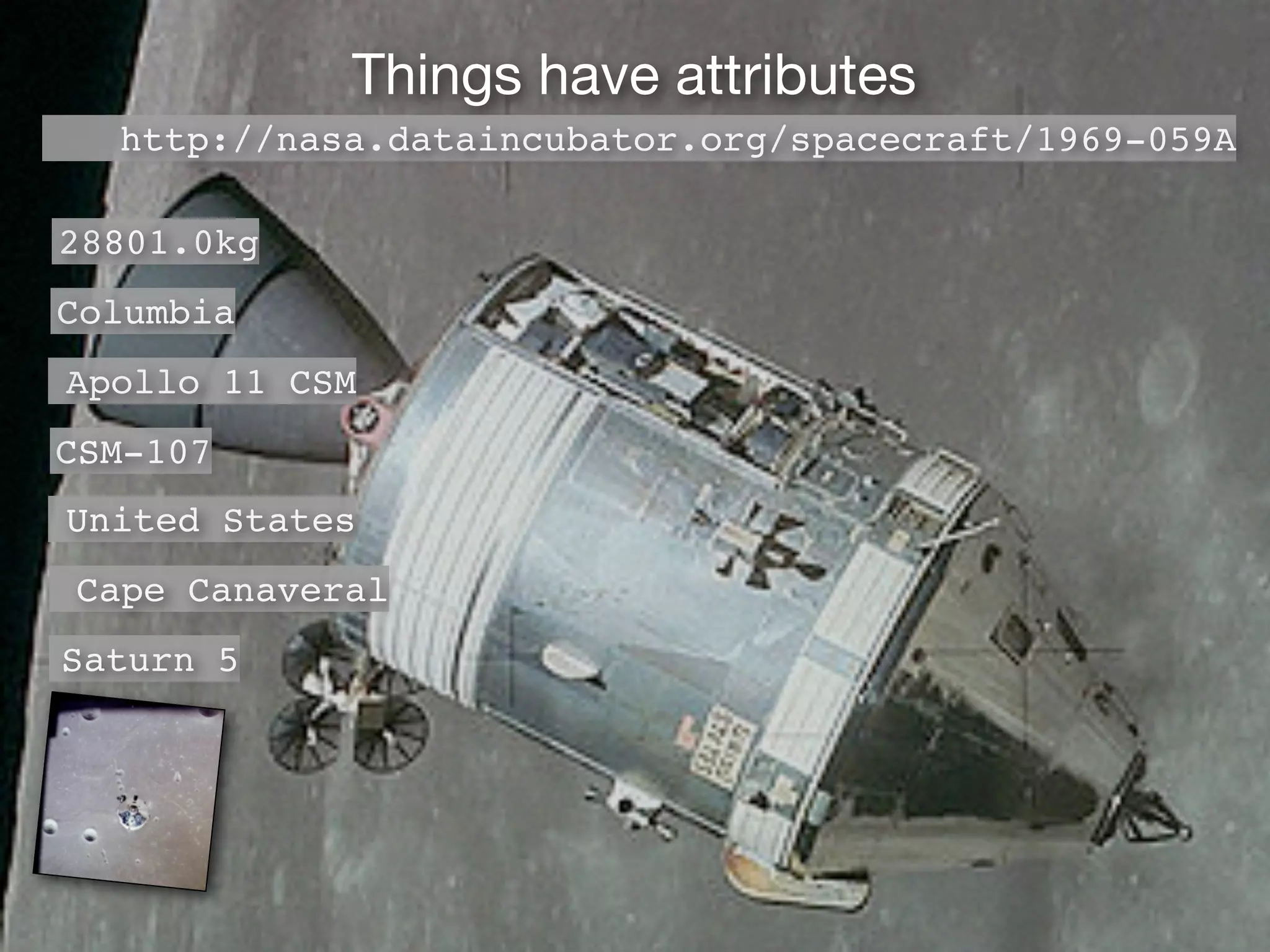 Things have attributes
http://nasa.dataincubator.org/spacecraft/1969-059A
28801.0kg
Columbia
Apollo 11 CSM
CSM-107
United States
Cape Canaveral
Saturn 5
 