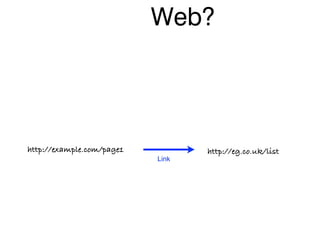 Web?
Linking at it’s core
http://www.flickr.com/photos/leapkye/4407661949
The
 