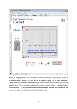 Based on the graph above, when the size of one time lynx harvest is equal 90, the system in
unstable condition between lynx and hare in an imbalance such that for each population.
The population of hare have a little bit changes compare when the size of one lynx harvest
equal to zero. This is because predators (lynx) tend to regulate the prey (hare) population
and vice versa. So, by this simulation students can repeat anytime and can explore the
experiment to get information on how the changes will occur.




                                             7
 