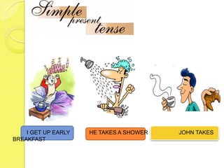 I GET UP EARLY   HE TAKES A SHOWER   JOHN TAKES
BREAKFAST
 