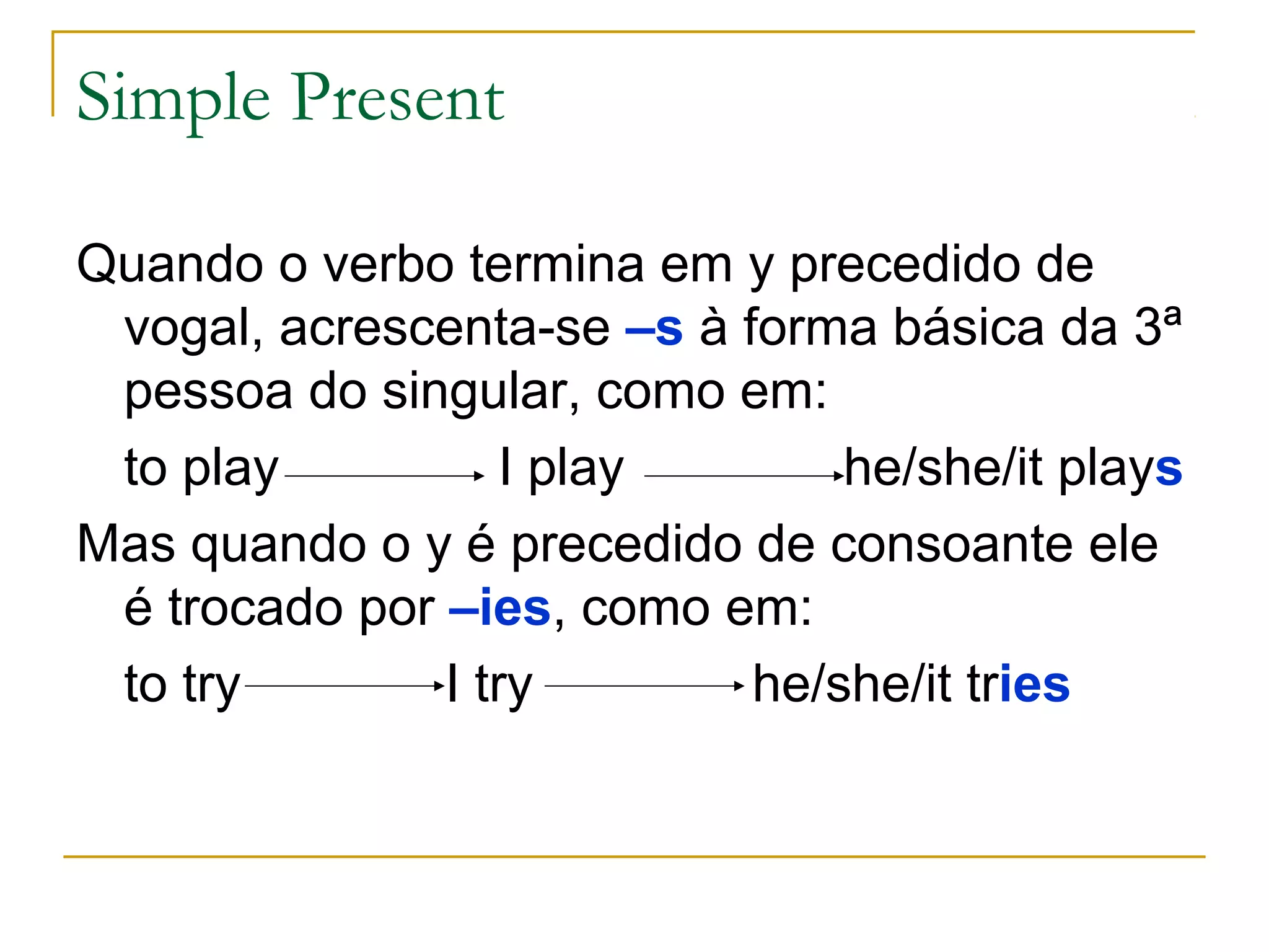 Simple Present

Quando o verbo termina em y precedido de
 vogal, acrescenta-se –s à forma básica da 3ª
 pessoa do singular, como em:
 to play           I play       he/she/it plays
Mas quando o y é precedido de consoante ele
 é trocado por –ies, como em:
 to try        I try        he/she/it tries
 