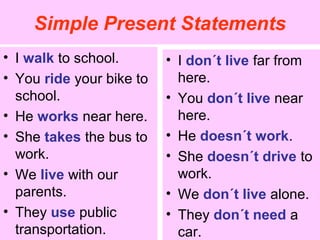 Simple Present Statements
• I walk to school.       • I don´t live far from
• You ride your bike to     here.
  school.                 • You don´t live near
• He works near here.       here.
• She takes the bus to    • He doesn´t work.
  work.                   • She doesn´t drive to
• We live with our          work.
  parents.                • We don´t live alone.
• They use public         • They don´t need a
  transportation.           car.
 