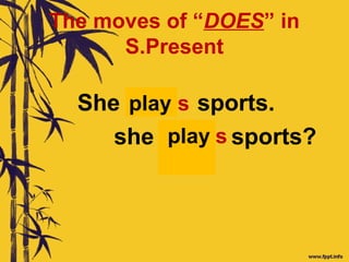 The moves of “DOES” in
S.Present
She sports.
she sports?
doesplay
Doesplay
 