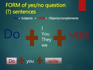 FORM of yes/no question
(?) sentences
Do + Subjects + VERB+ Objects/complements
I
You
They
we
Do
youDo
VERB
write
 