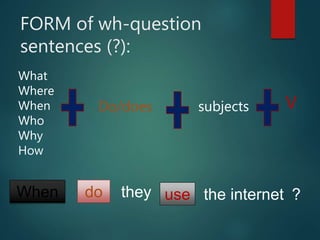 FORM of wh-question
sentences (?):
theydo the internetuseWhen ?
What
Where
When
Who
Why
How
Do/does subjects V
 