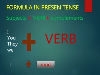 FORMULA IN PRESEN TENSE
Subjects + VERB+ complements
I
You
They
we
VERB
I read
 