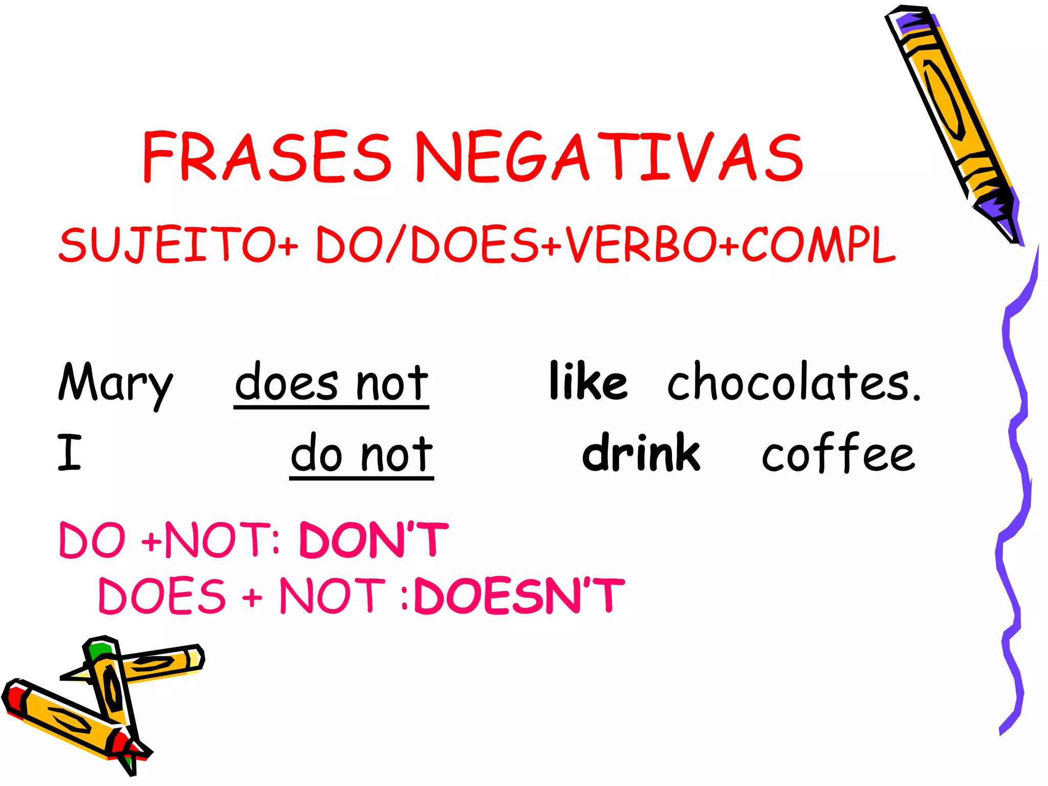 FRASES NEGATIVAS
SUJEITO+ DO/DOES+VERBO+COMPL
Mary does not like chocolates.
I do not drink coffee
DO +NOT: DON’T
DOES + NOT :DOESN’T
 