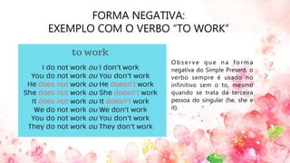 FORMA NEGATIVA:
EXEMPLO COM O VERBO “TO WORK”
O b s e r v e q u e n a f o r m a
negativa do Simple Present, o
verbo sempre é usado no
infinitivo sem o to, mesmo
quando se trata da terceira
pessoa do singular (he, she e
it).
 