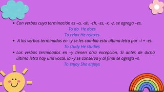 Con verbos cuya terminación es –o, -sh, -ch, -ss, -x, -z, se agrega –es.
A los verbos terminados en –y se les cambia esta última letra por –i + -es.
Los verbos terminados en –y tienen otra excepción. Si antes de dicha
última letra hay una vocal, la –y se conserva y al final se agrega –s.
To do He does
To relax He relaxes
To study He studies
To enjoy She enjoys
 
