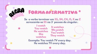 R
EGRA
G
ERAL
Se o verbo terminar em SS, SH, CH, O, X ou Z
acrescenta-se ES na 3° pessoa do singular.
I watch
You watch
He watches
She
watches
It watches
We watch
You watch
They watch
Exemplo: You watch TV every day.
He watches TV every day.
Formaafirmativa
 