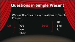 Questions in Simple Present 
We use Do-Does to ask questions in Simple 
Present. 
I He 
Do You Does She 
We It 
They 
 